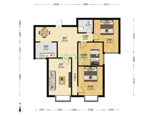 旺景家园 3室2厅1卫 108平方