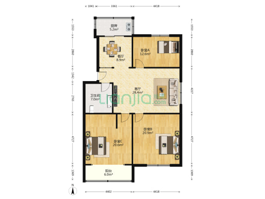 解放里5号院 3室2厅1卫 130平方