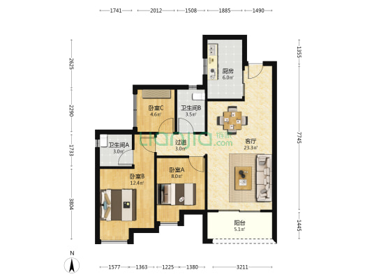 信达珺悦蓝庭 3室1厅2卫 89平方