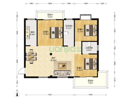 九坤东台尚领 3室1厅2卫 125平方