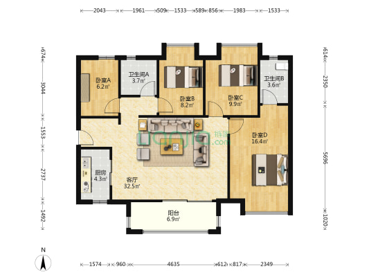 时代春树里A区 4室1厅2卫 113平方