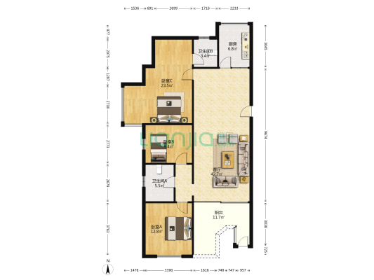 路灯所宿舍 3室1厅2卫 130平方