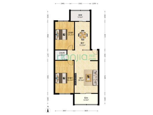 西纺3村 2室2厅1卫 103平方