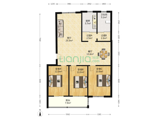 巨能公寓 3室2厅1卫 138平方