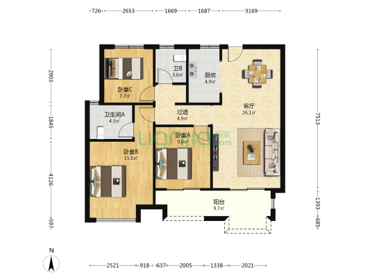 金地中央公园二期 3室1厅2卫 114平方