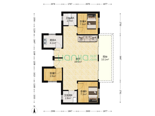 丽城花园 3室1厅2卫 85平方