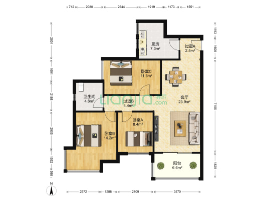 保利城二期 3室1厅1卫 90平方