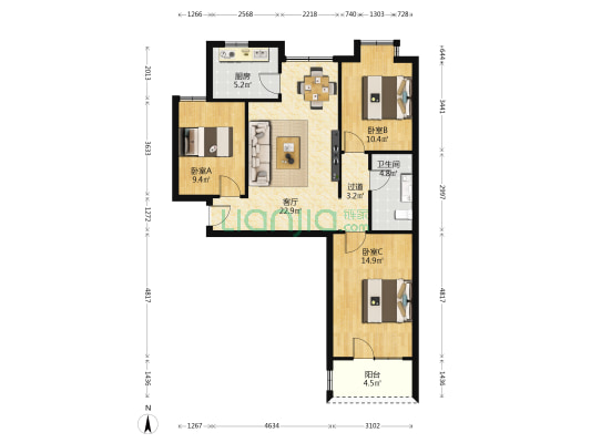 幸福城E区 3室1厅1卫 103平方