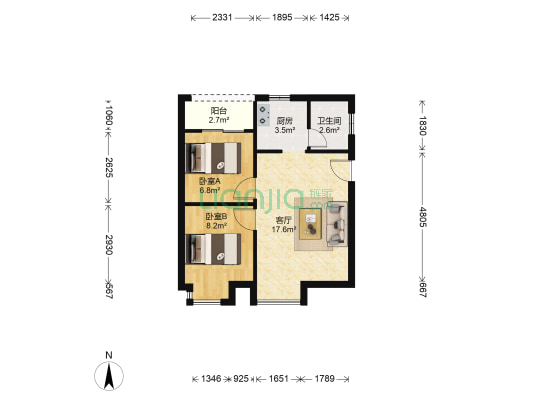惠泽南苑 2室1厅1卫 52平方