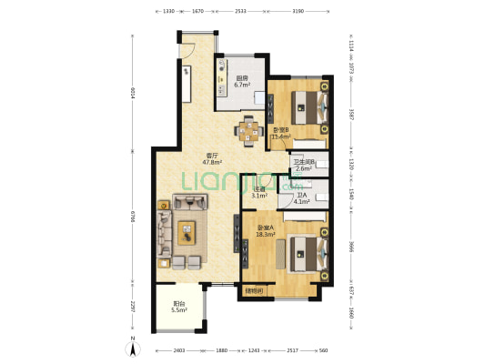 泊岸 2室1厅2卫 124平方