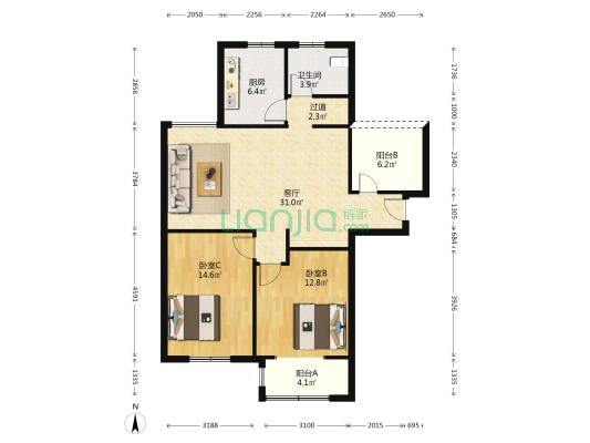 新城海韵名邦一区 2室1厅1卫 109平方