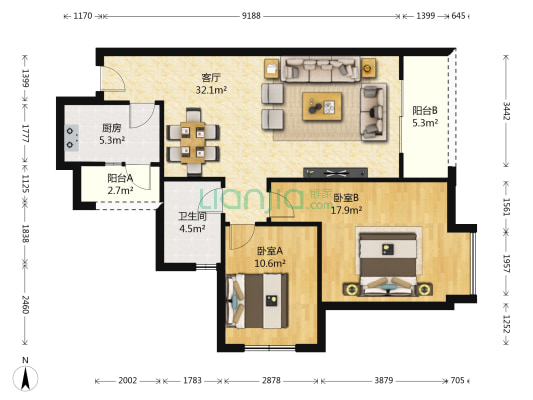 缙逸香山 2室1厅1卫 90平方