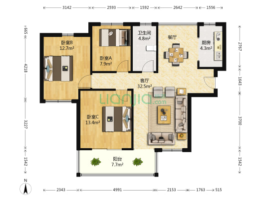 高鑫名居 3室1厅1卫 107平方