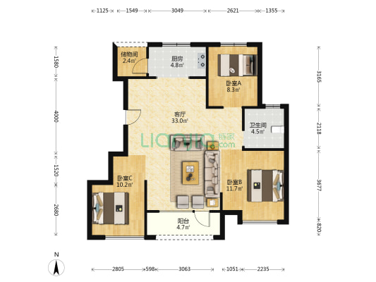峰山怡景南区 3室1厅1卫 103平方