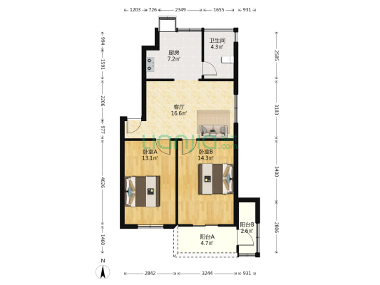 机电宿舍 2室1厅1卫 72平方