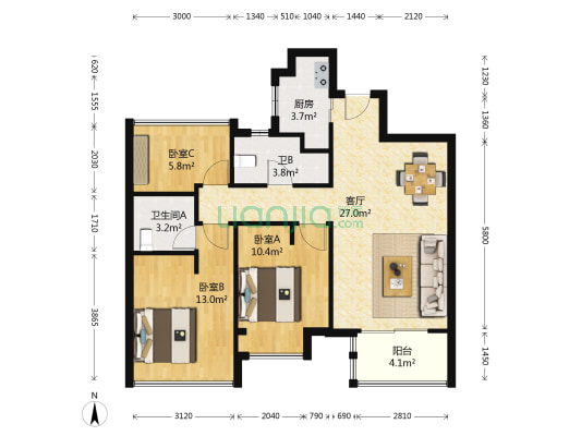 景宸天玺名城 3室1厅2卫 89平方