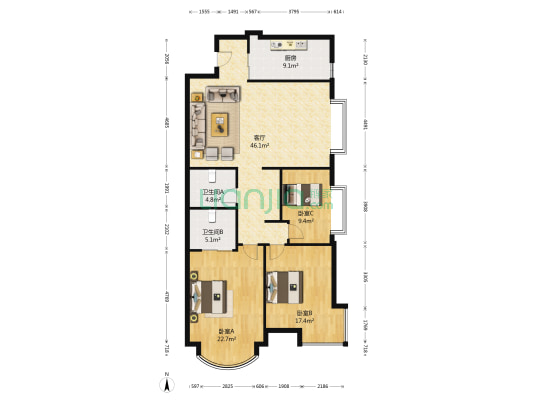 五里河家园 3室1厅2卫 155平方