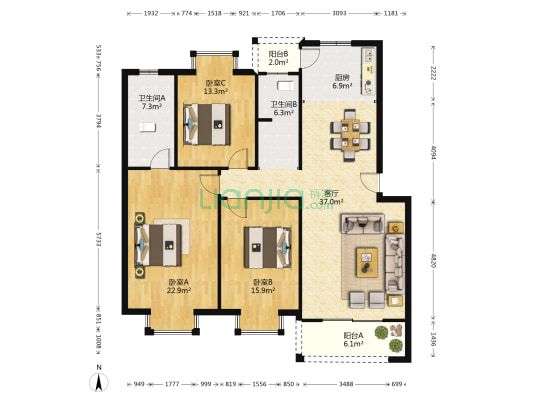 中天山语林居 3室1厅2卫 131平方