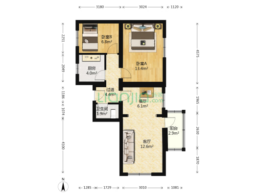 花园北里 2室2厅1卫 68平方