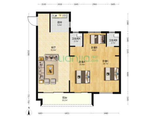 沁悦园 3室1厅2卫 131平方