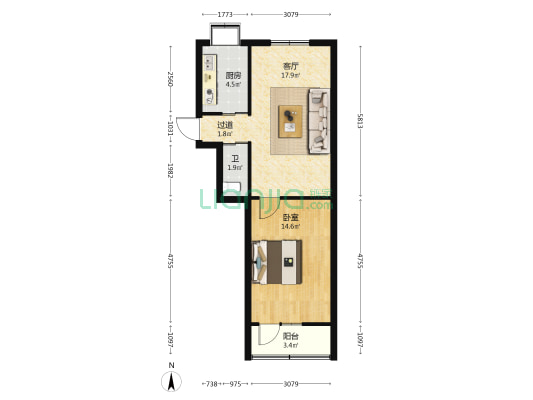 纺织建筑楼 1室1厅1卫 51平方