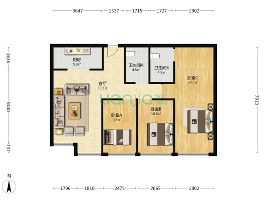 景茂誉府 3室1厅2卫 128平方