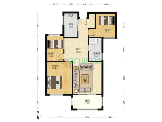 同盛南桥花园 3室1厅1卫 96平方