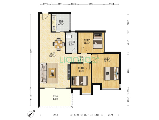 淘金山·湖景花园二期 3室1厅1卫 89平方