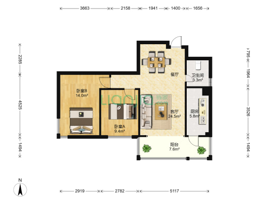 银杏金川 2室1厅1卫 88平方