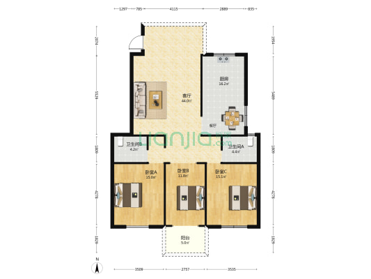 凤翔国际 3室1厅2卫 139平方