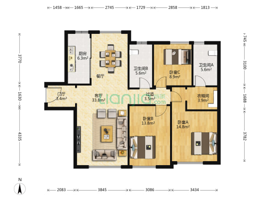 全运村雀榕园 3室1厅2卫 141平方