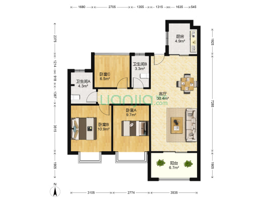 天玥中心 3室1厅2卫 106平方