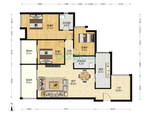 中恒江南第一城B区 3室1厅2卫 123平方