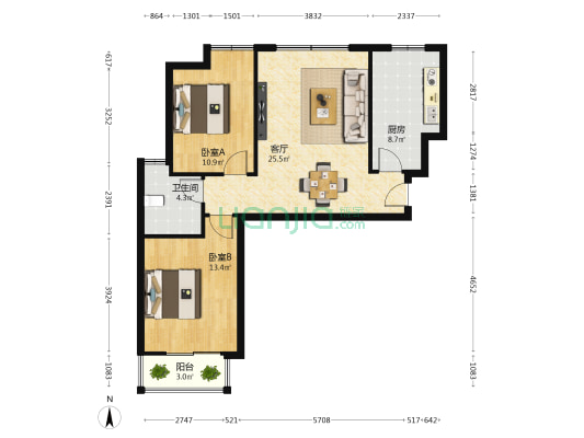 润唐蔚蓝国际 2室1厅1卫 91平方