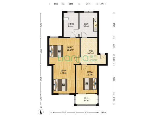 丽都公寓 3室0厅1卫 88平方
