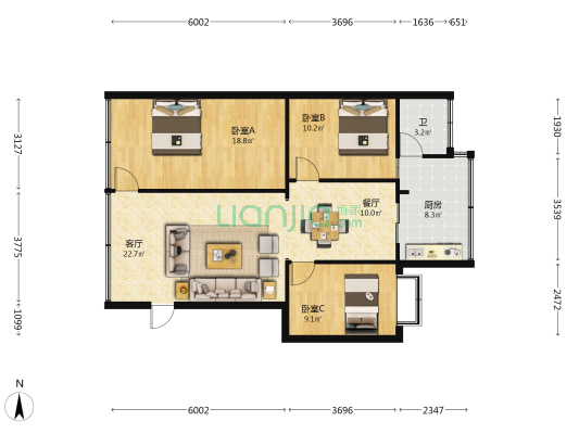 大柳树巷3号 3室2厅1卫 74平方