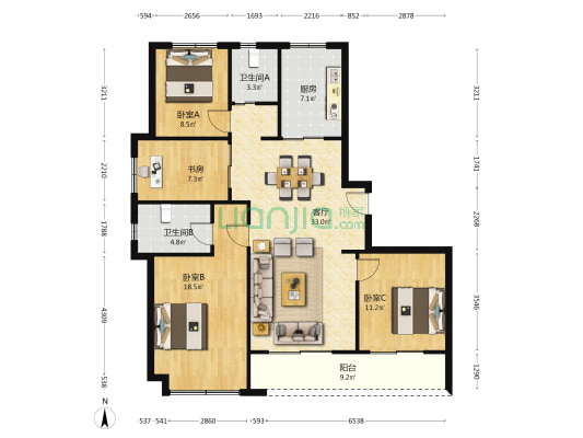 绿城江上臻园 4室1厅2卫 143平方
