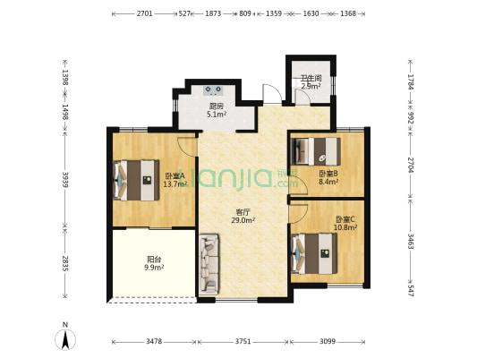 幸福公园天下 3室1厅1卫 108平方
