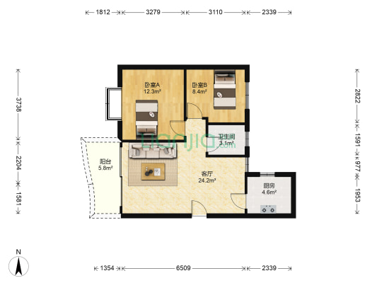 海德春洪小区 2室1厅1卫 74平方