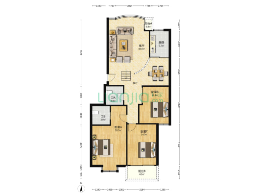 吉水苑 3室1厅2卫 126平方