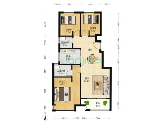 悦湾府 3室1厅2卫 92平方