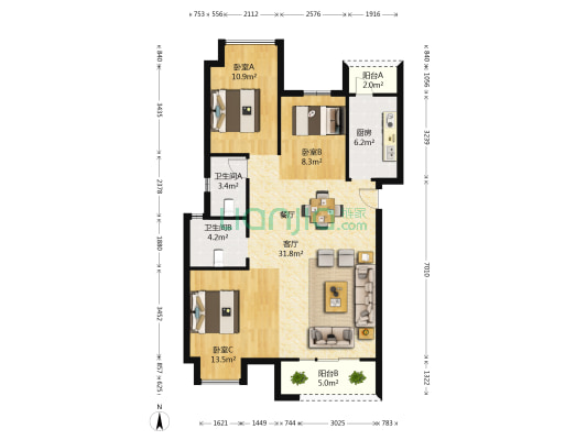 广信万汇城 3室1厅2卫 117平方