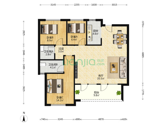 荣盛首府一期 3室1厅2卫 117平方