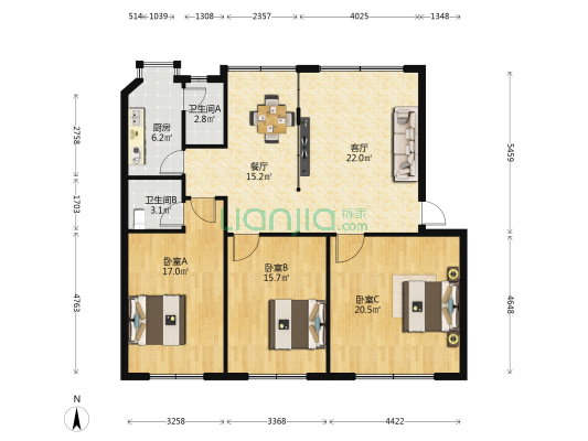 武警宿舍 3室2厅2卫 102平方