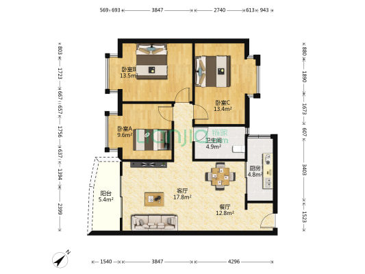 田德花园B区 3室2厅1卫 90平方