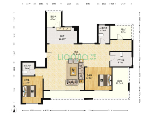 世茂天樾 2室1厅3卫 175平方