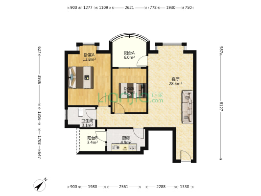 雅高领寓 2室1厅1卫 95平方