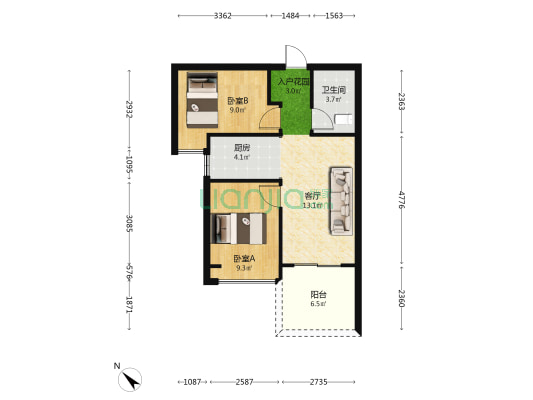 橙果大厦 2室1厅1卫 63平方