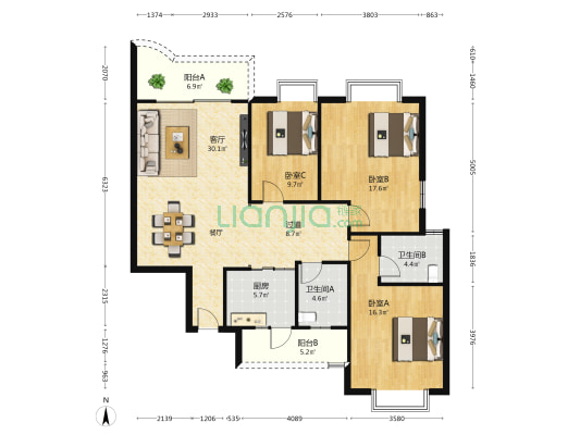 岭上嘉园一区 3室1厅2卫 135平方