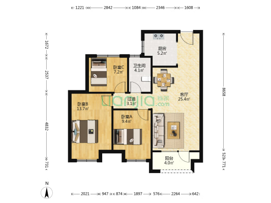 中铁世博城逸海北区 3室1厅1卫 95平方